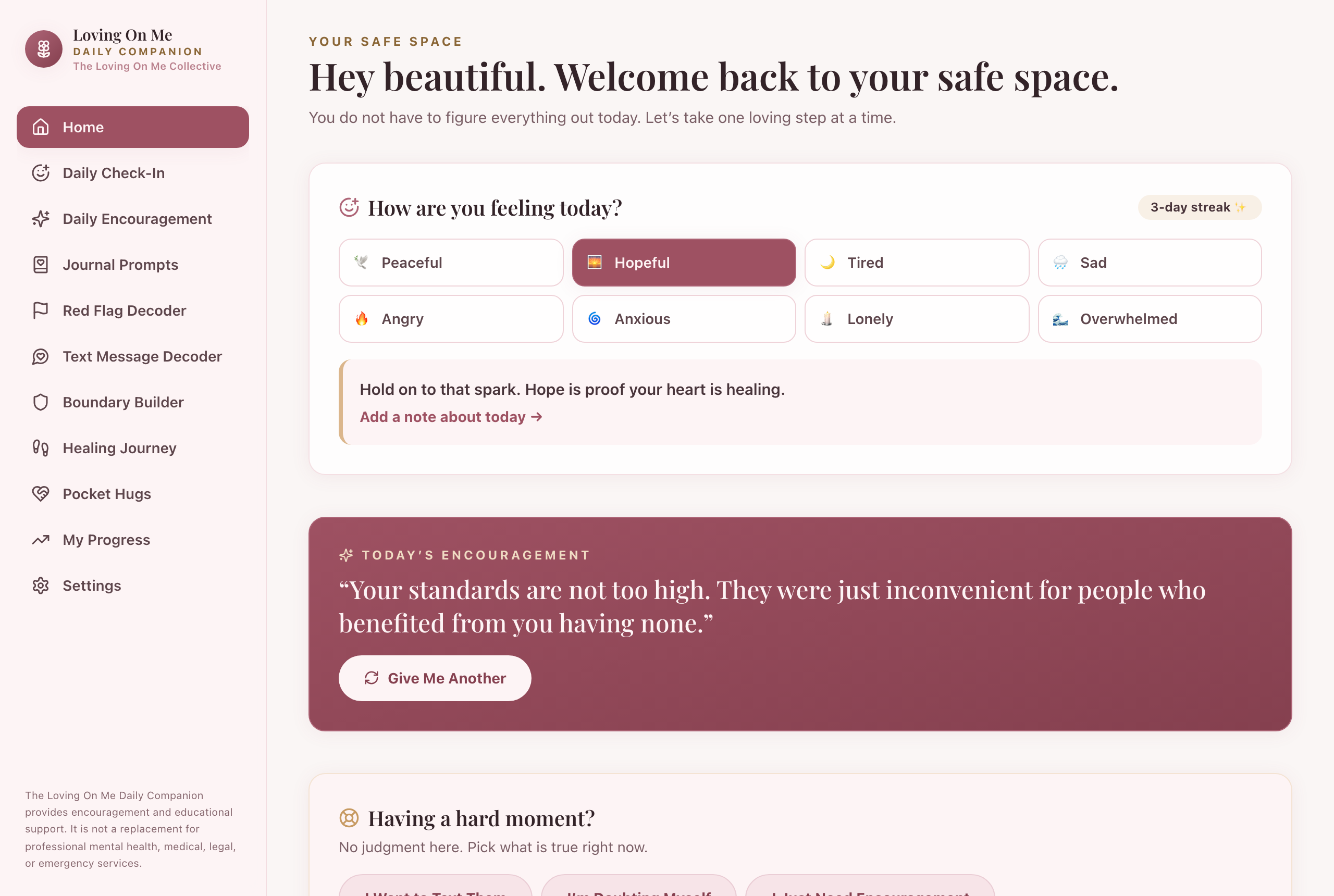 The Daily Companion home screen with a mood check-in and daily encouragement